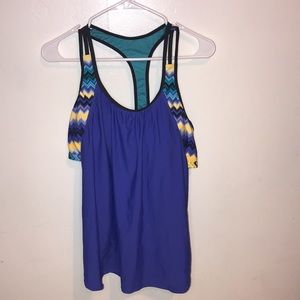 NWOT blue multilayer racer back women’s swim top